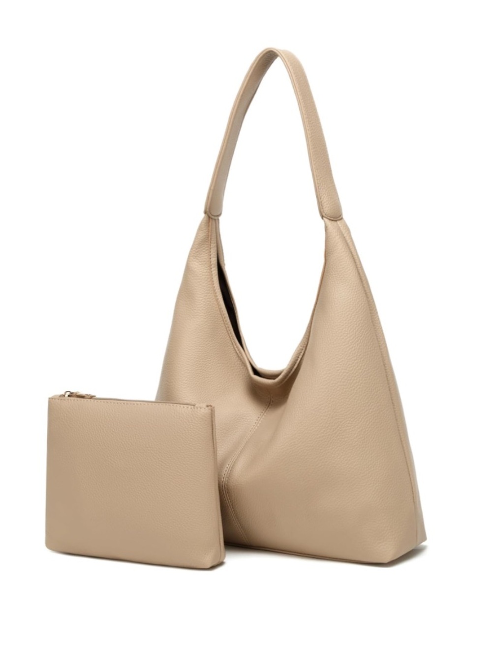 Beige Leather Hobo Shoulder Bag with Zip Pouch
